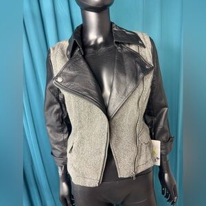 Jolt Moto Jacket Small Herringbone Tweed Faux Leather Sleeves Asymmetrical Zip s